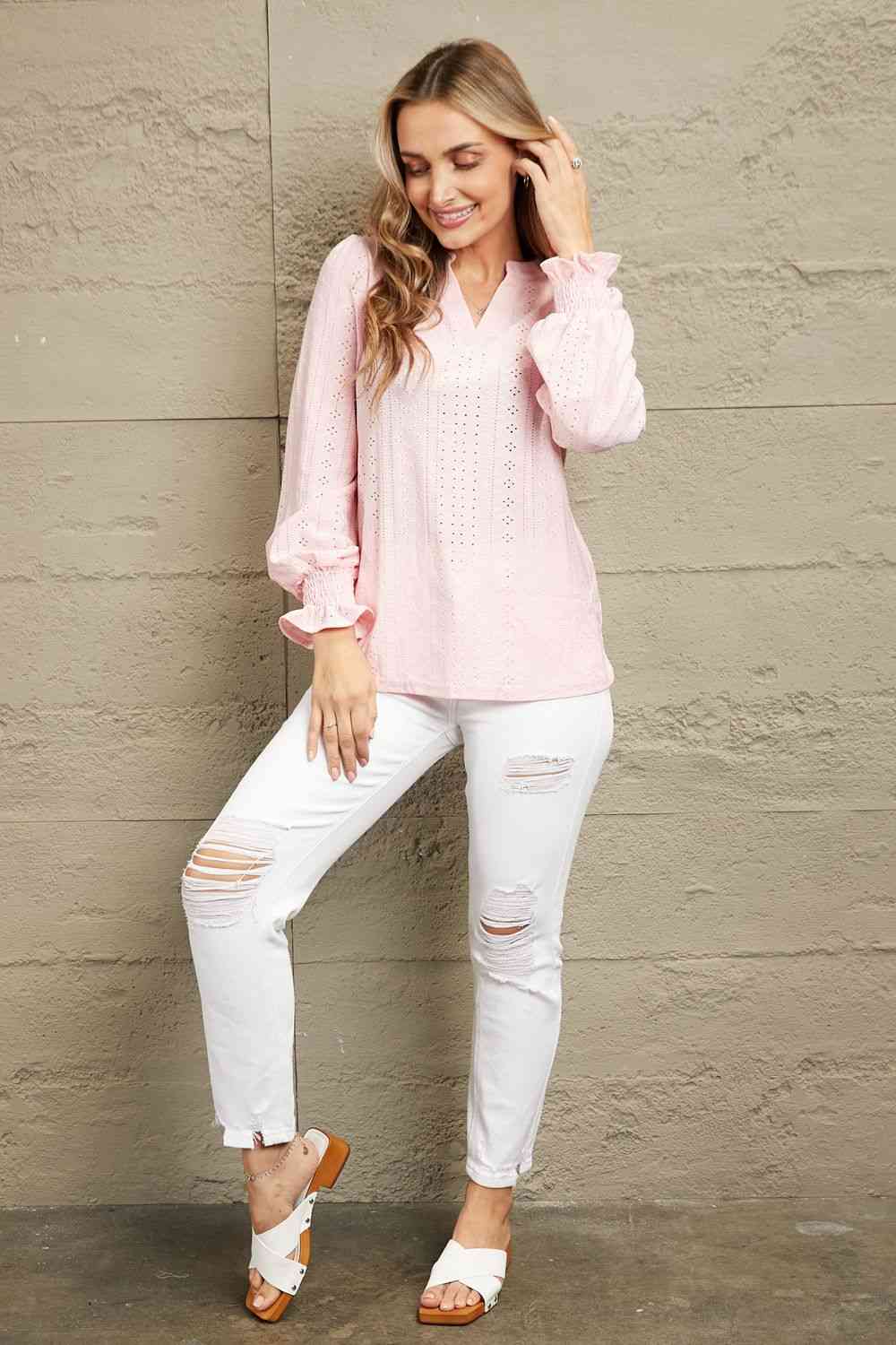 Double Take Eyelet Notched Neck Flounce Sleeve Blouse