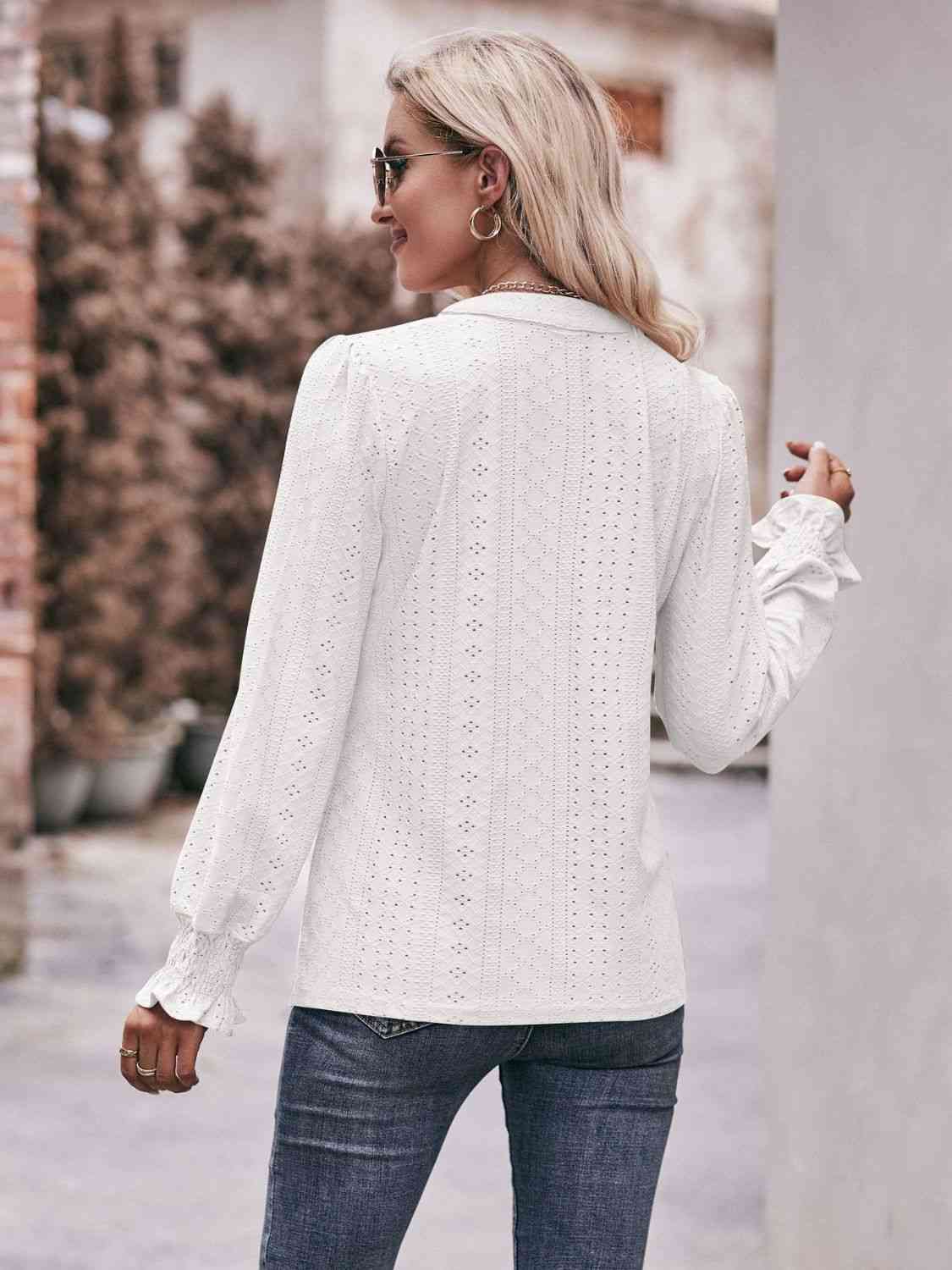 Double Take Eyelet Notched Neck Flounce Sleeve Blouse