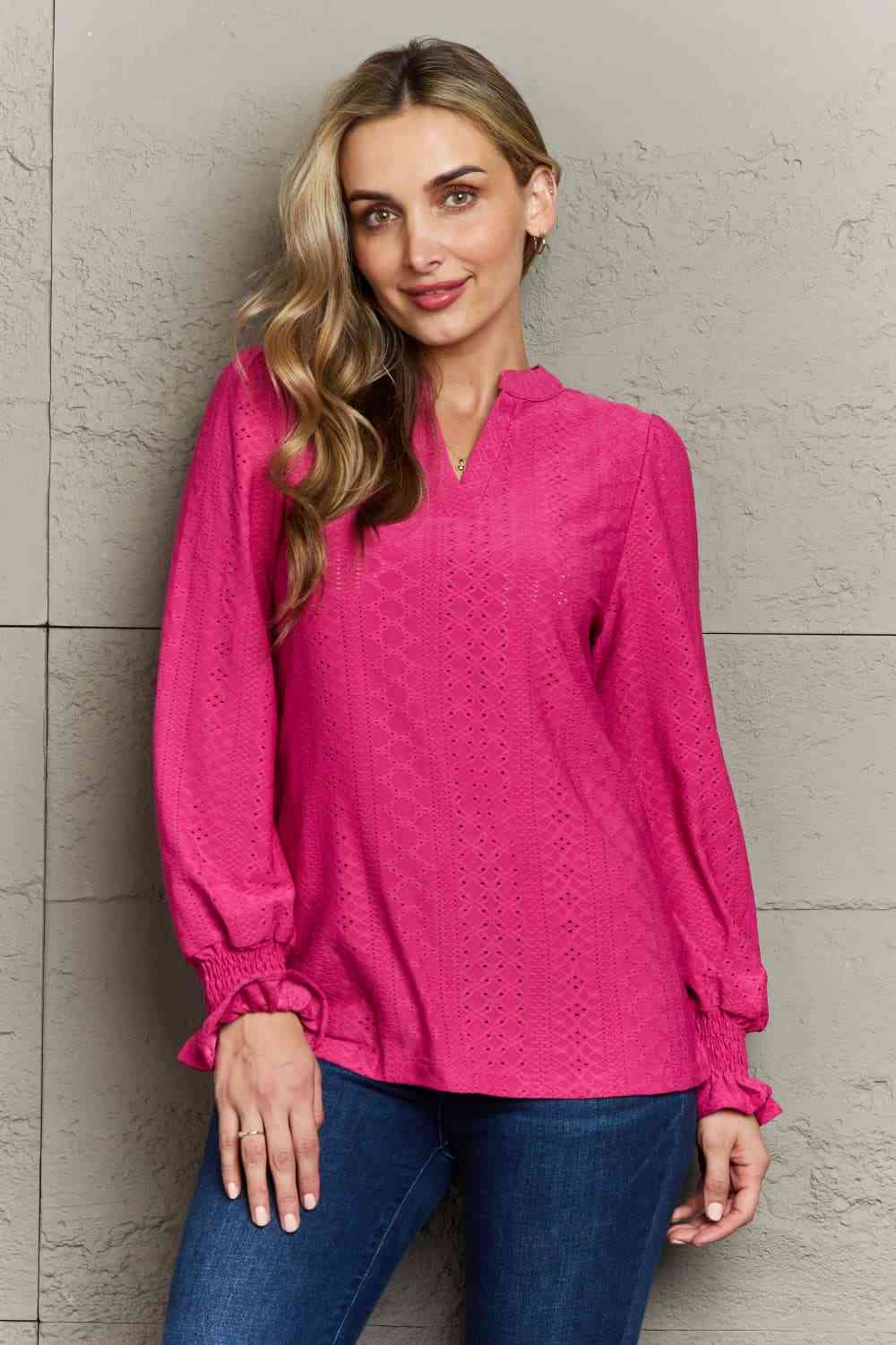 Double Take Eyelet Notched Neck Flounce Sleeve Blouse Deep Rose / S