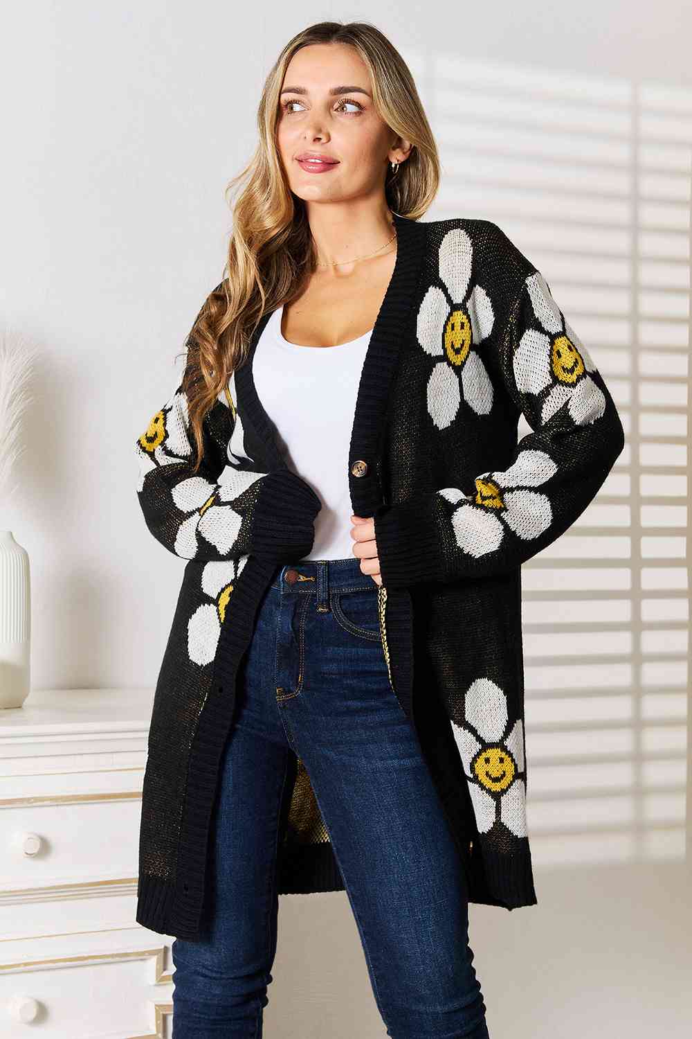 Double Take Floral Button Down Longline Cardigan Black / S