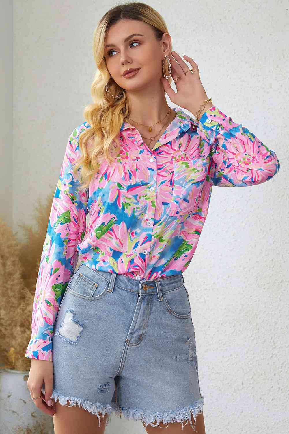 Double Take Floral Long Sleeve Collared Shirt Carnation Pink / S