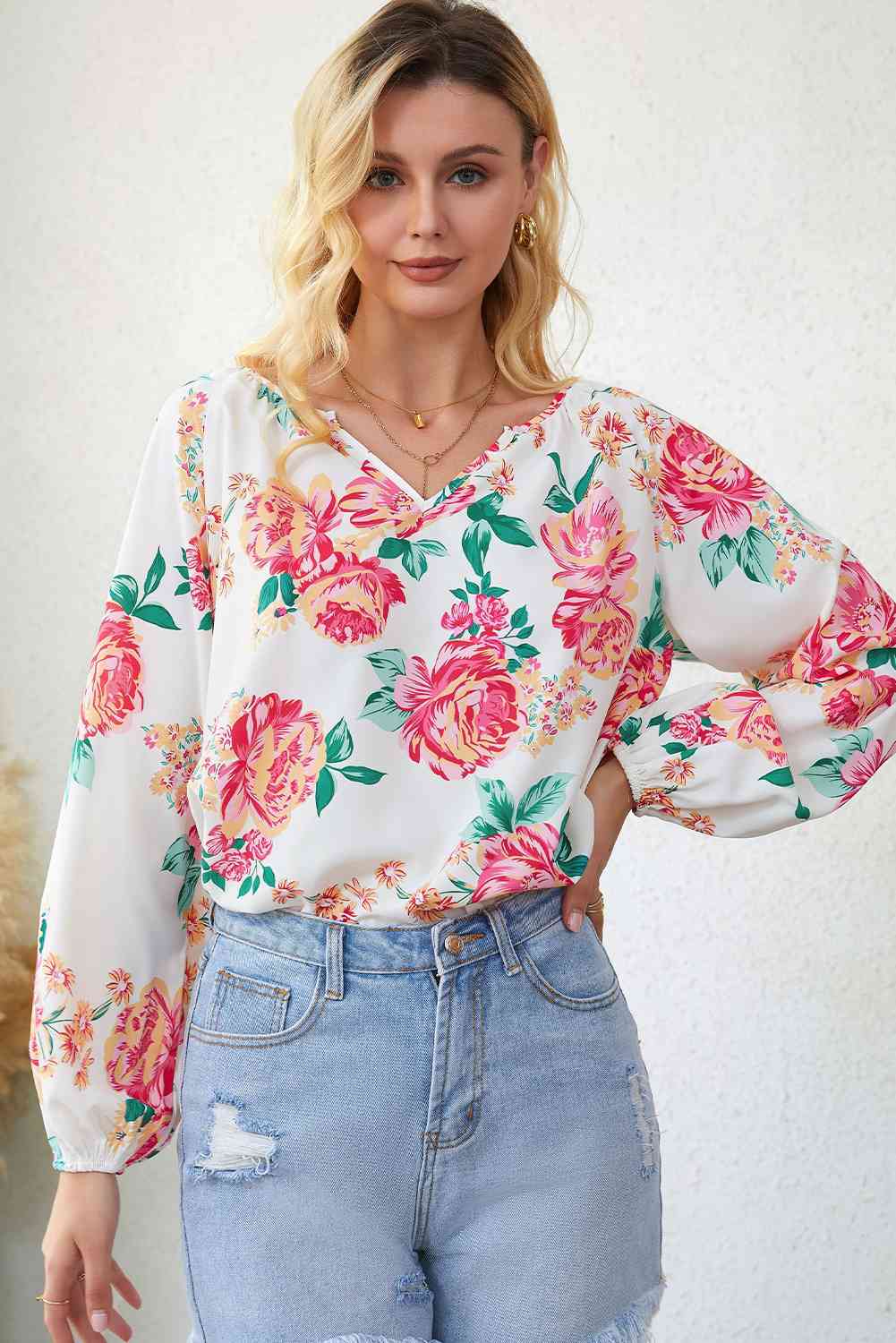 Double Take Floral Notched Neck Long Sleeve Blouse Floral / S