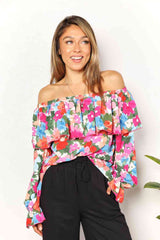 Double Take Floral Off-Shoulder Flounce Sleeve Layered Blouse Floral / S