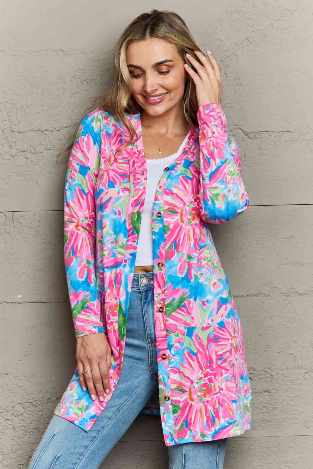 Double Take Floral Open Front Long Sleeve Cardigan Floral / S