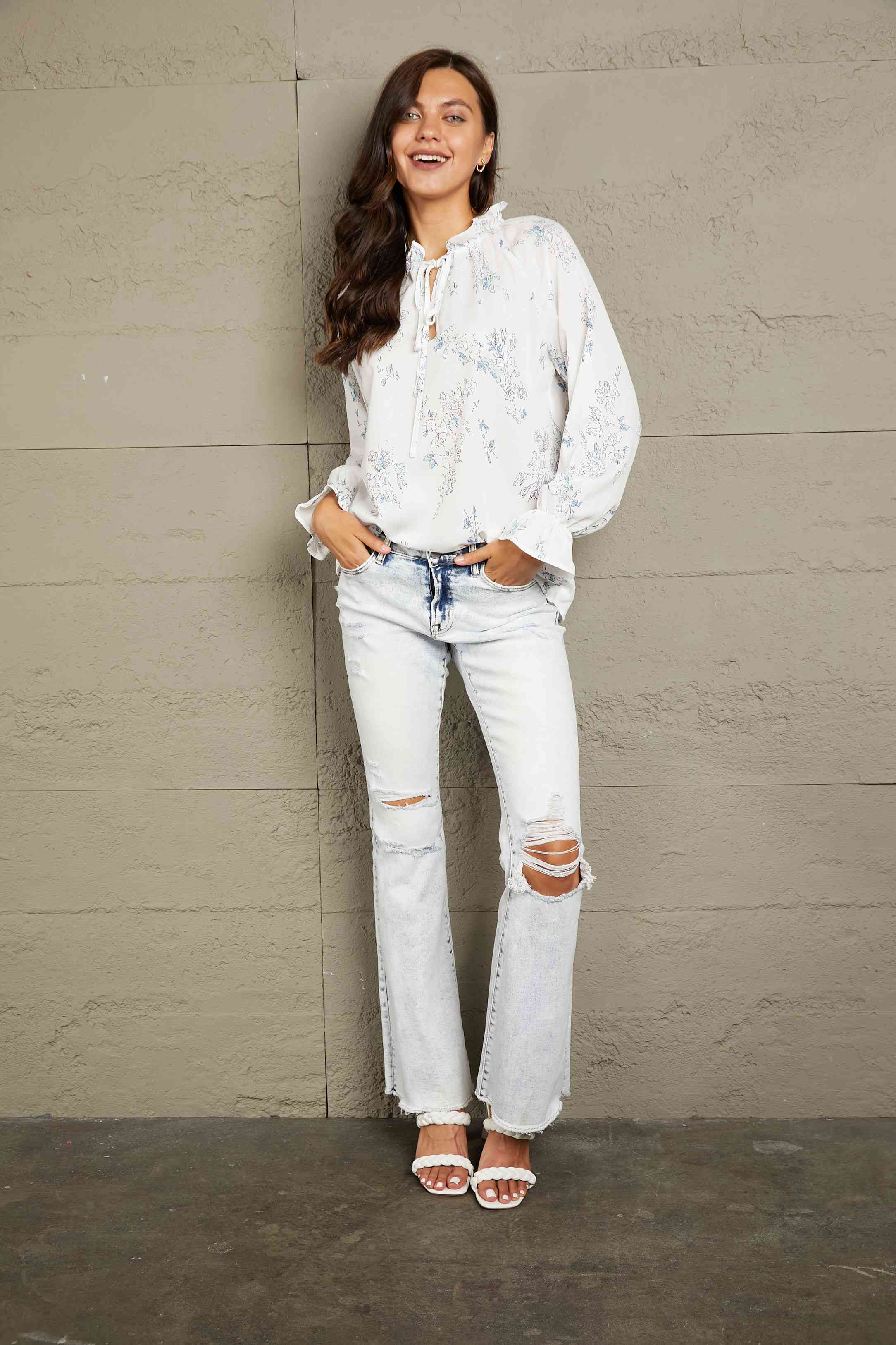 Double Take Floral Tie Neck Flounce Sleeve Blouse