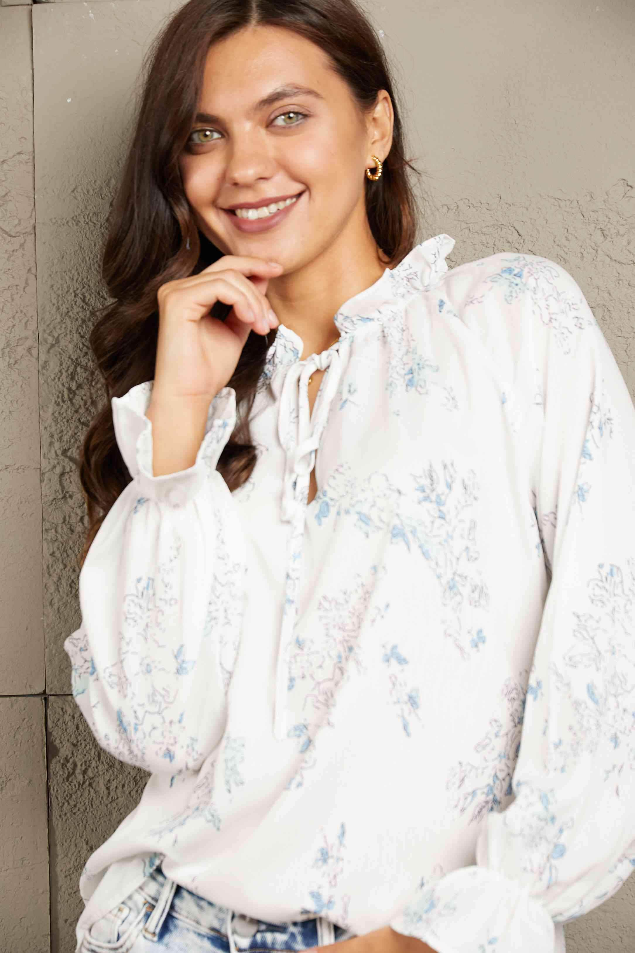 Double Take Floral Tie Neck Flounce Sleeve Blouse