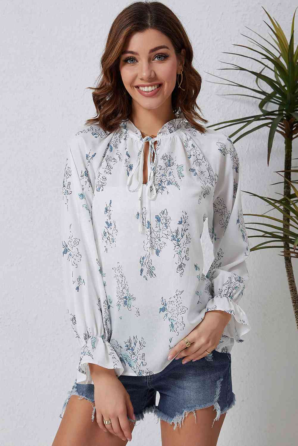 Double Take Floral Tie Neck Flounce Sleeve Blouse Floral / S