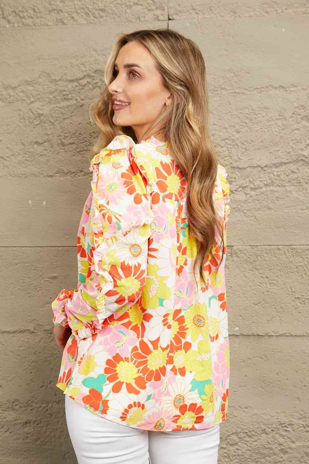 Double Take Floral Tie Neck Ruffled Blouse