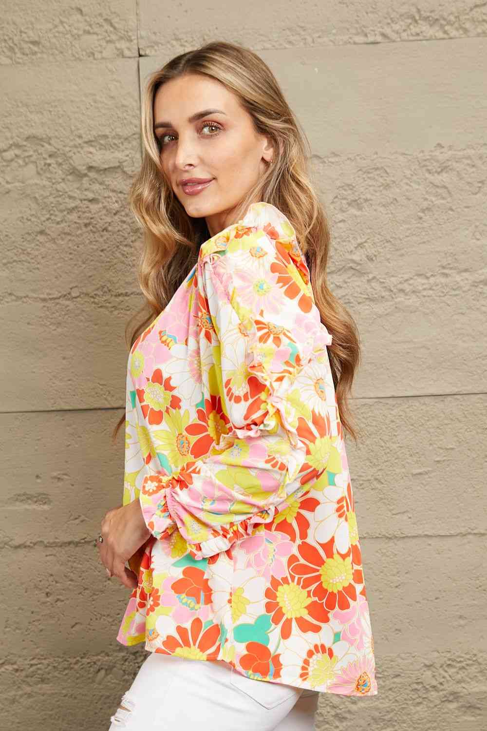 Double Take Floral Tie Neck Ruffled Blouse