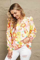 Double Take Floral Tie Neck Ruffled Blouse Floral / S