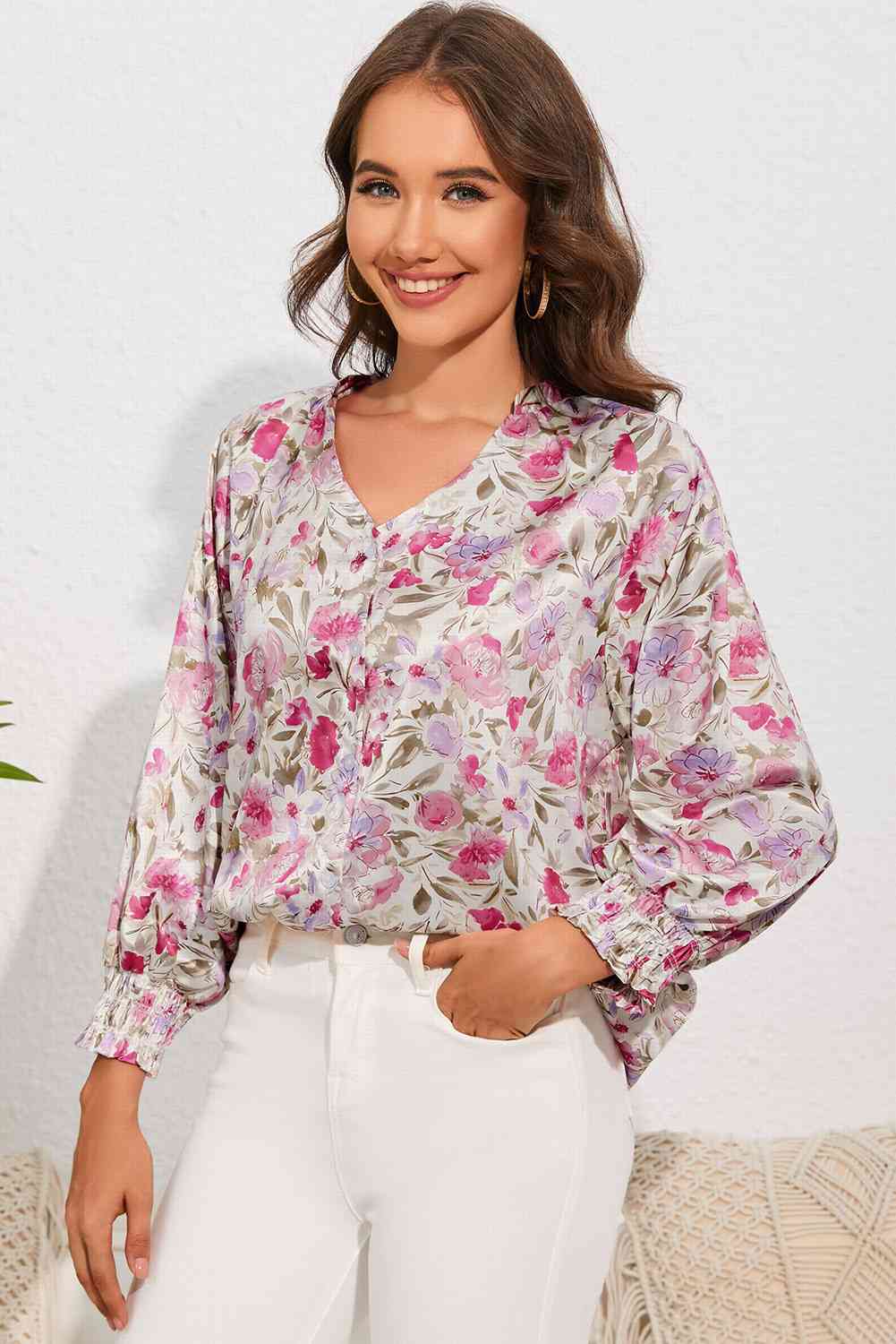 Double Take Floral V-Neck Long Sleeve Shirt Floral / S