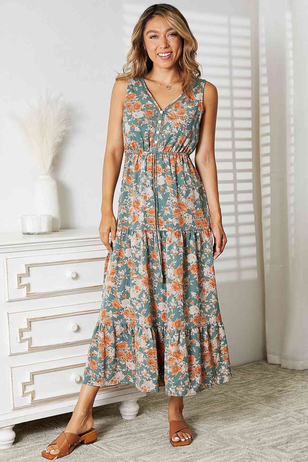 Double Take Floral V-Neck Tiered Sleeveless Dress Floral / S