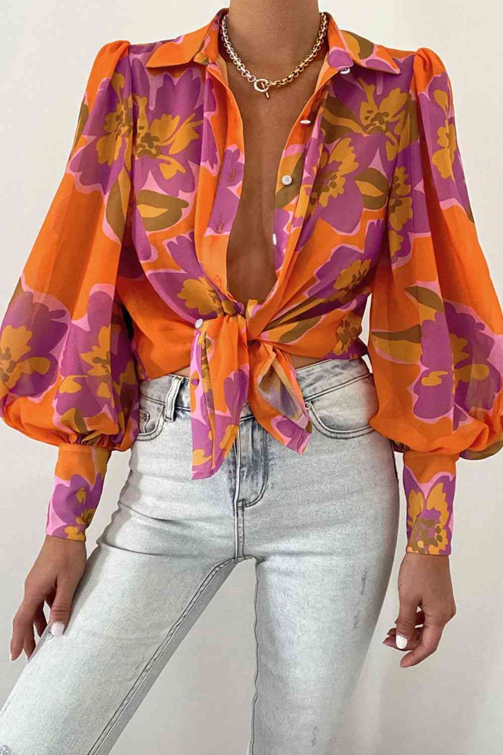 Double Take Flower Print Collared Neck Lantern Sleeve Shirt