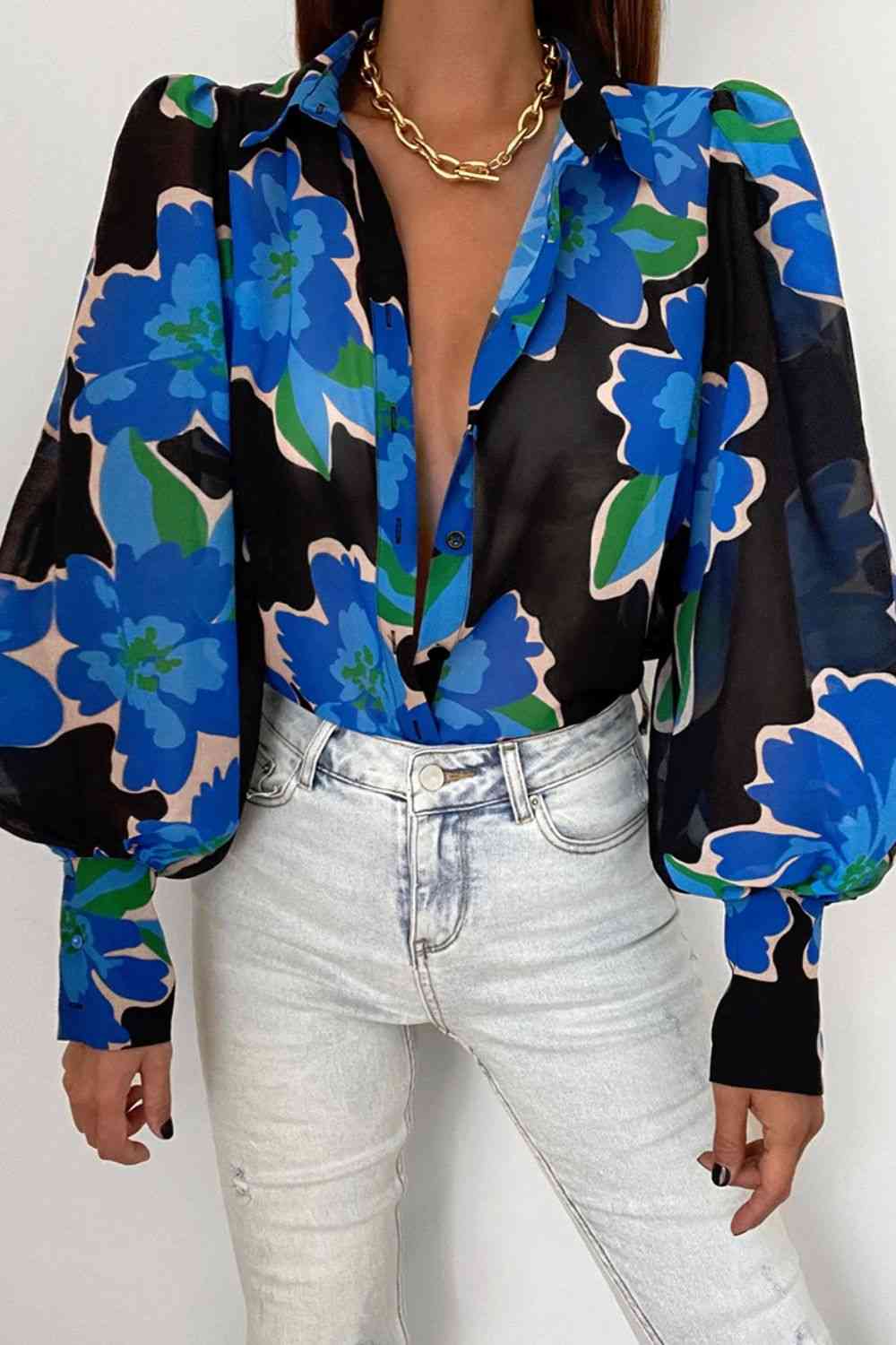 Double Take Flower Print Collared Neck Lantern Sleeve Shirt