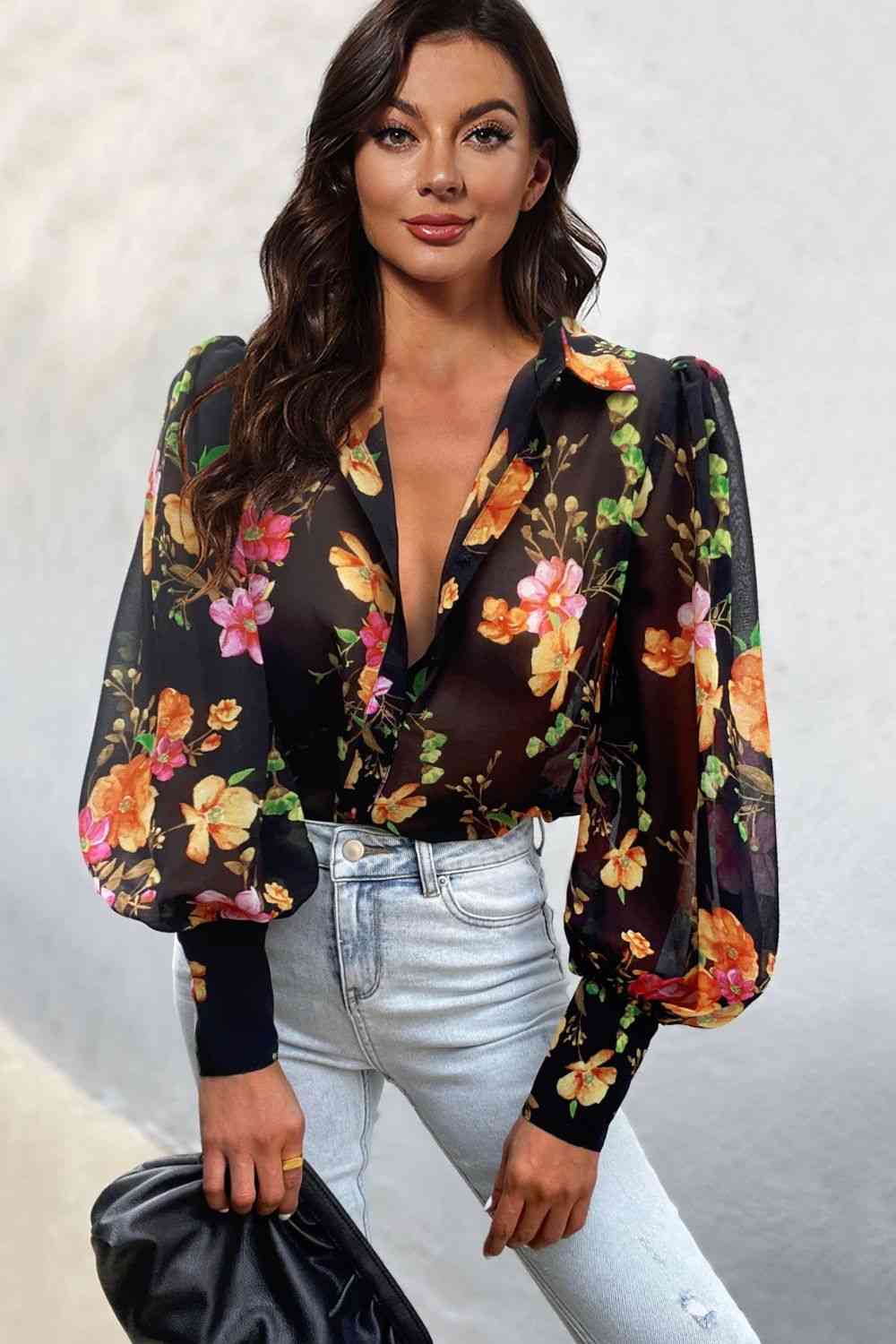 Double Take Flower Print Collared Neck Lantern Sleeve Shirt Black / S