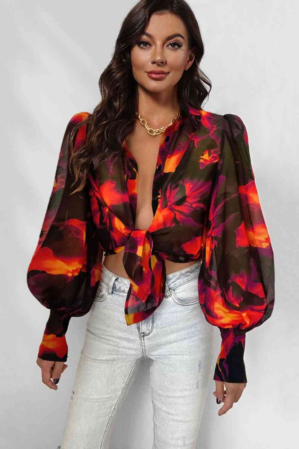 Double Take Flower Print Collared Neck Lantern Sleeve Shirt Deep Red / S