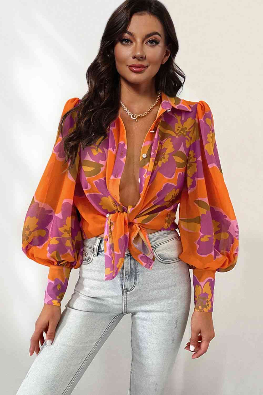 Double Take Flower Print Collared Neck Lantern Sleeve Shirt Red Orange / S