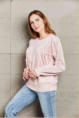 Double Take Fringe Detail Ribbed Trim Sweater