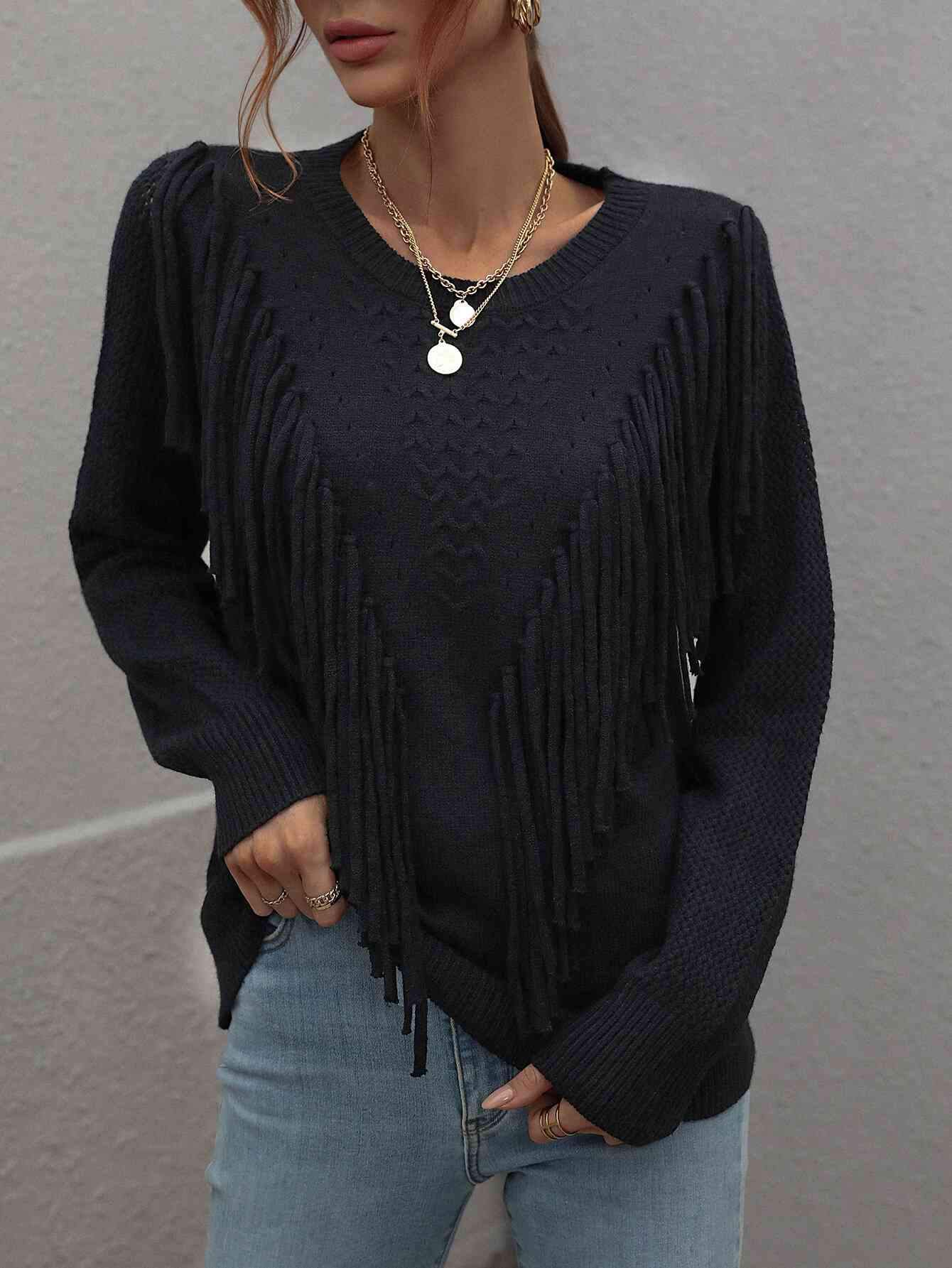 Double Take Fringe Detail Ribbed Trim Sweater Black / S