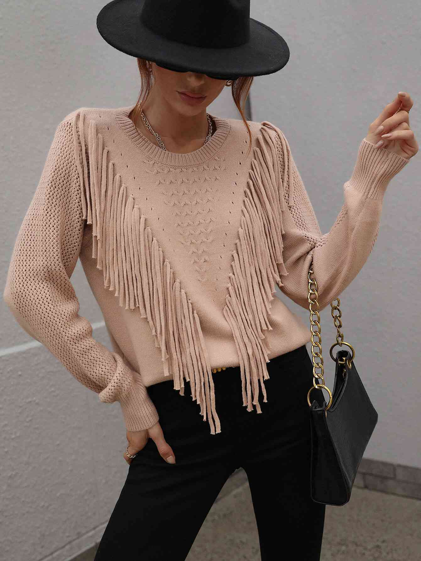 Double Take Fringe Detail Ribbed Trim Sweater Peach / S