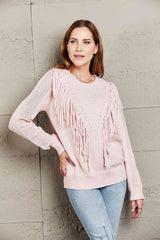 Double Take Fringe Detail Ribbed Trim Sweater Pink / S