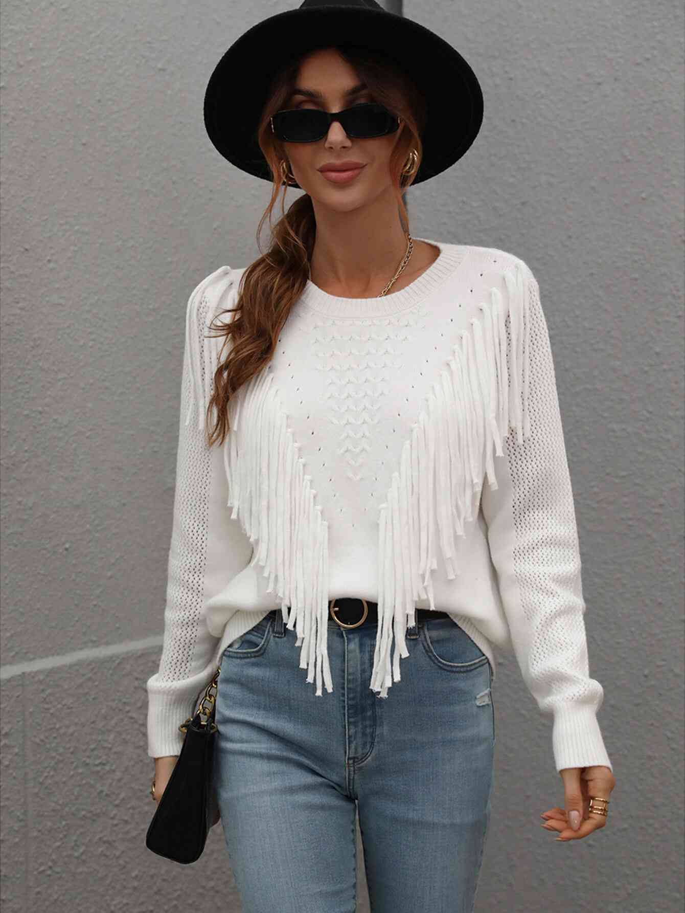 Double Take Fringe Detail Ribbed Trim Sweater White / S