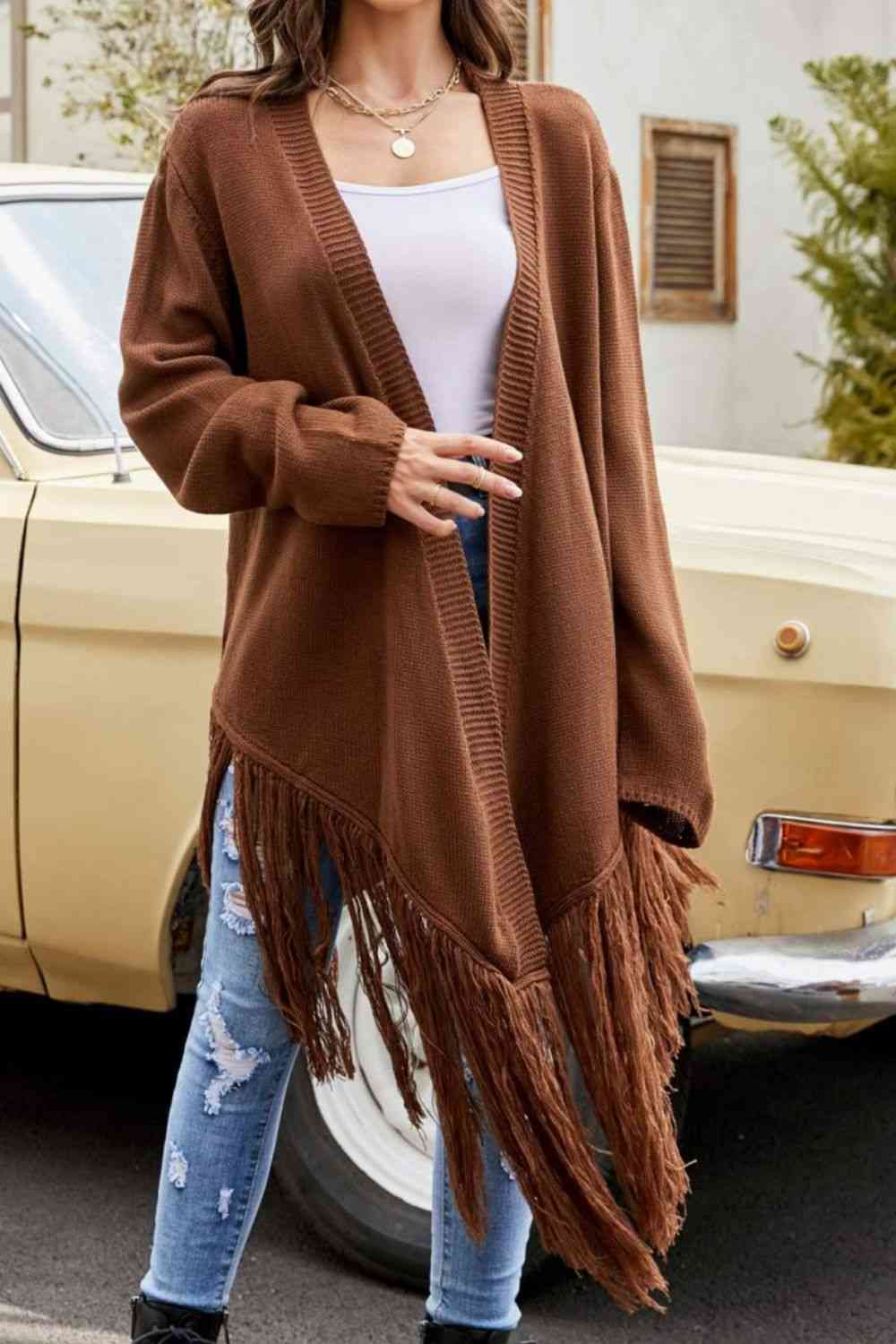 Double Take Fringe Hem Open Front Ribbed Trim Cardigan Brown / S