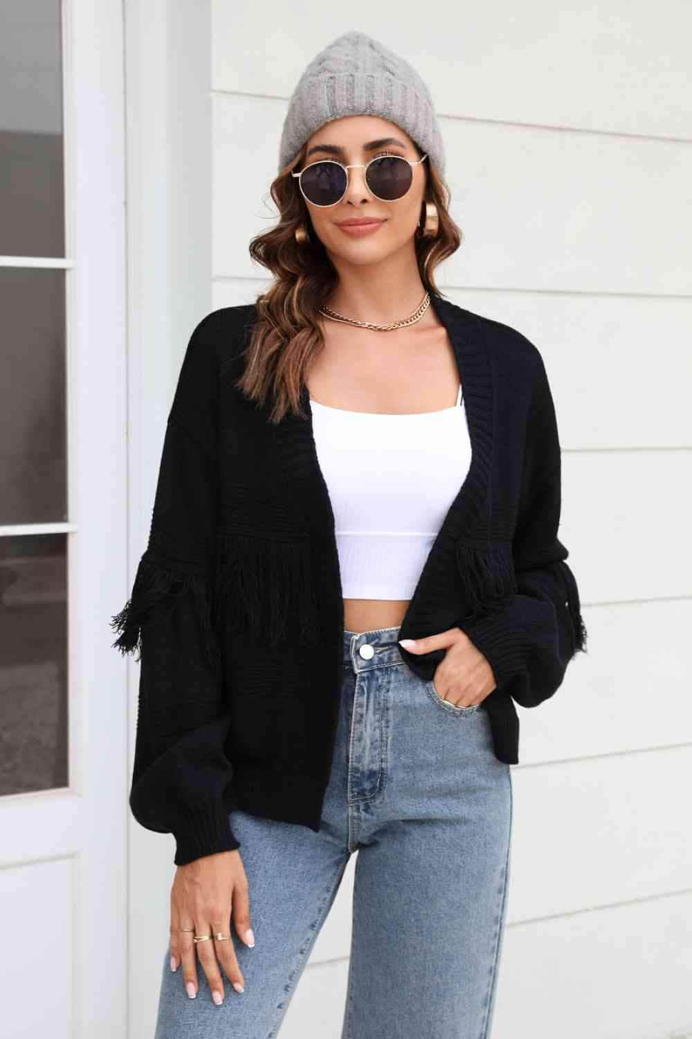 Double Take Fringe Trim Open Front Cardigan Black / S