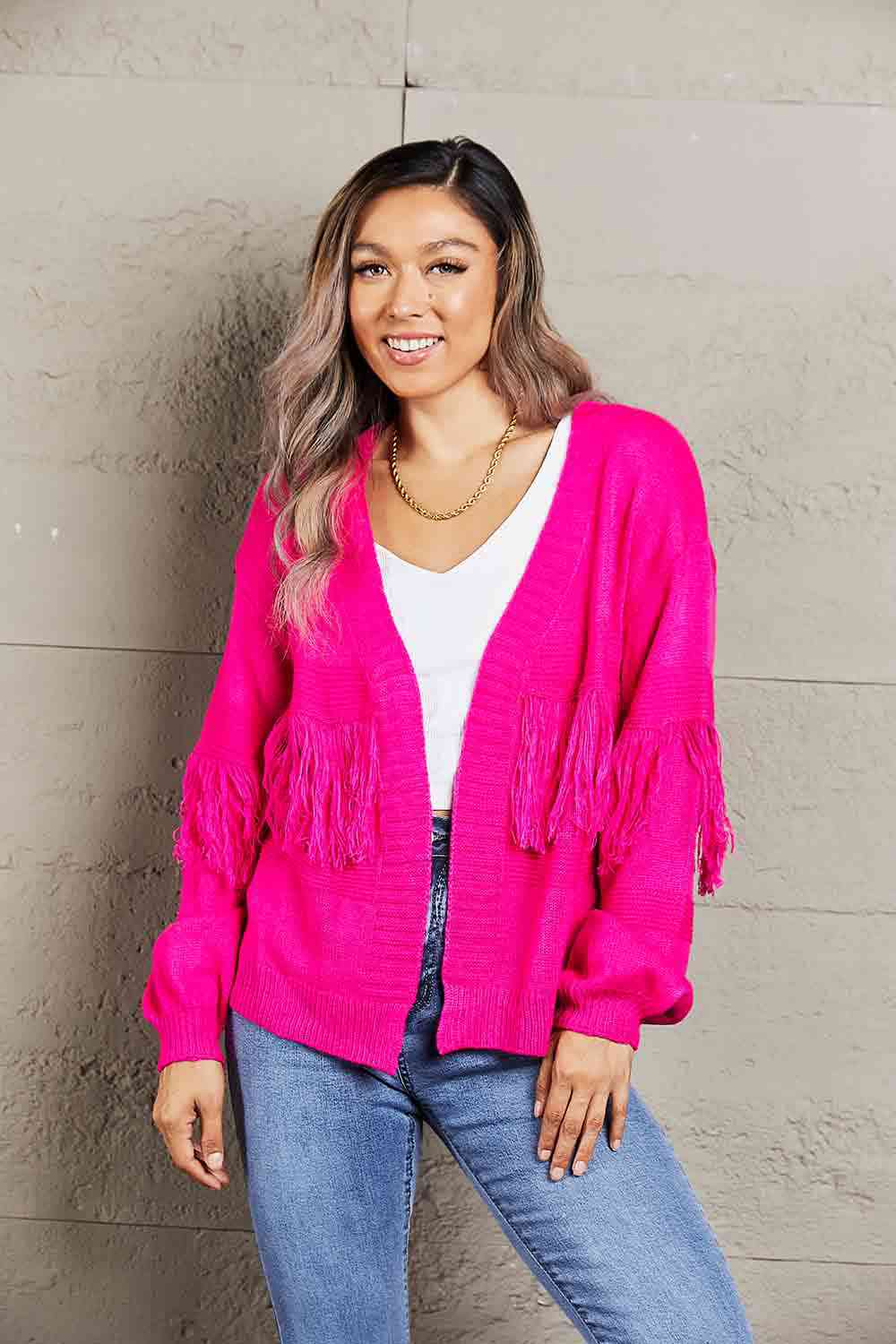 Double Take Fringe Trim Open Front Cardigan Hot Pink / S