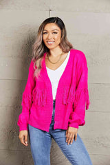 Double Take Fringe Trim Open Front Cardigan Hot Pink / S