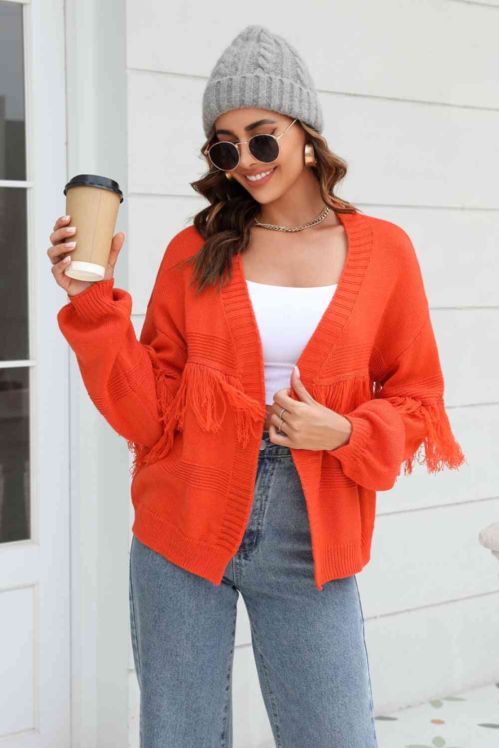 Double Take Fringe Trim Open Front Cardigan Red Orange / S