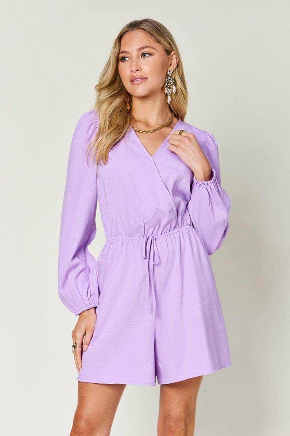 Double Take Full Size Drawstring Long Sleeve Romper Lavender / S