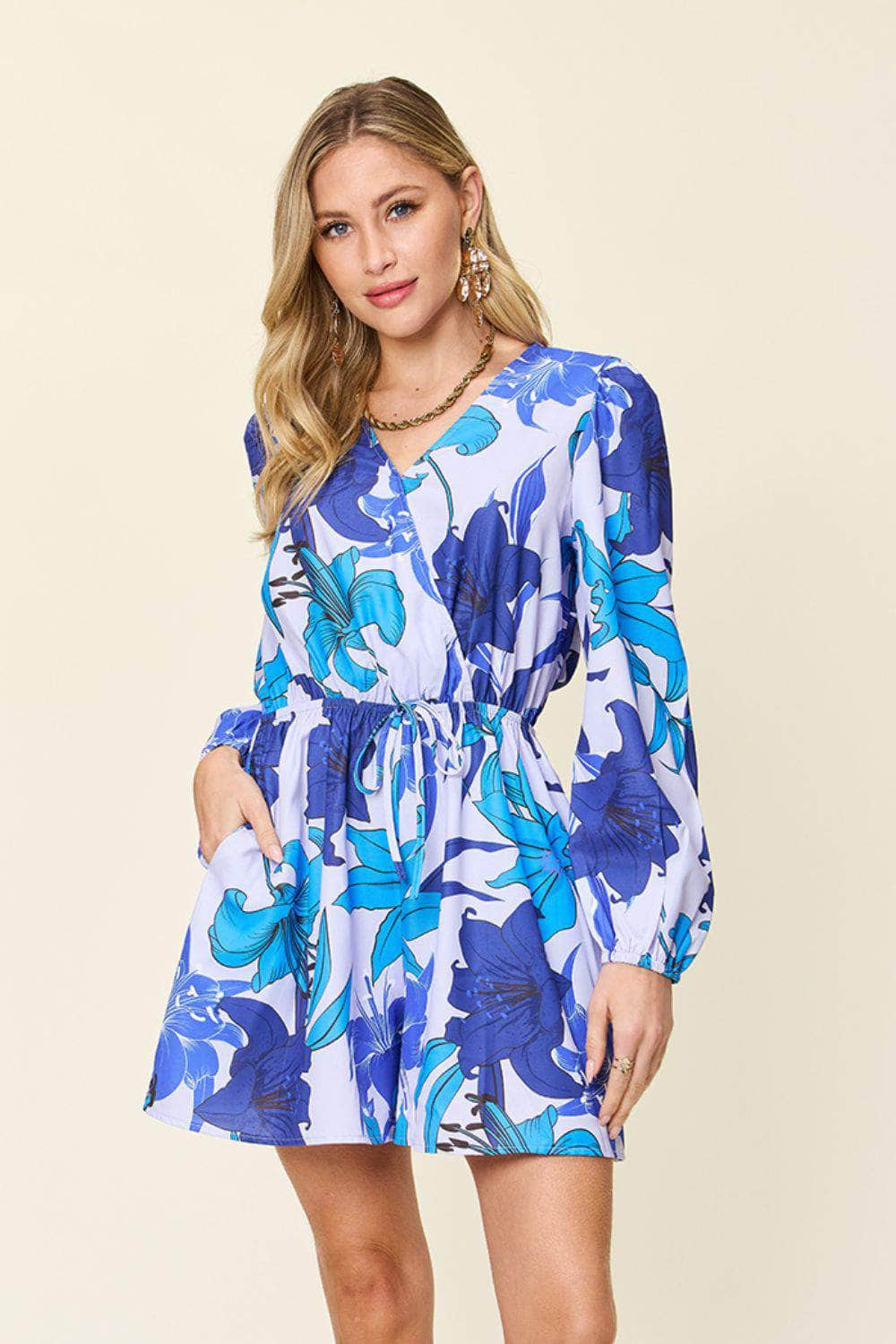 Double Take Full Size Floral Long Sleeve Romper with Pockets Blue / S