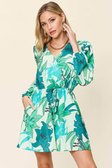 Double Take Full Size Floral Long Sleeve Romper with Pockets Green / S