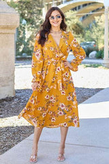 Double Take Full Size Floral Tie Back Flounce Sleeve Dress Caramel / S