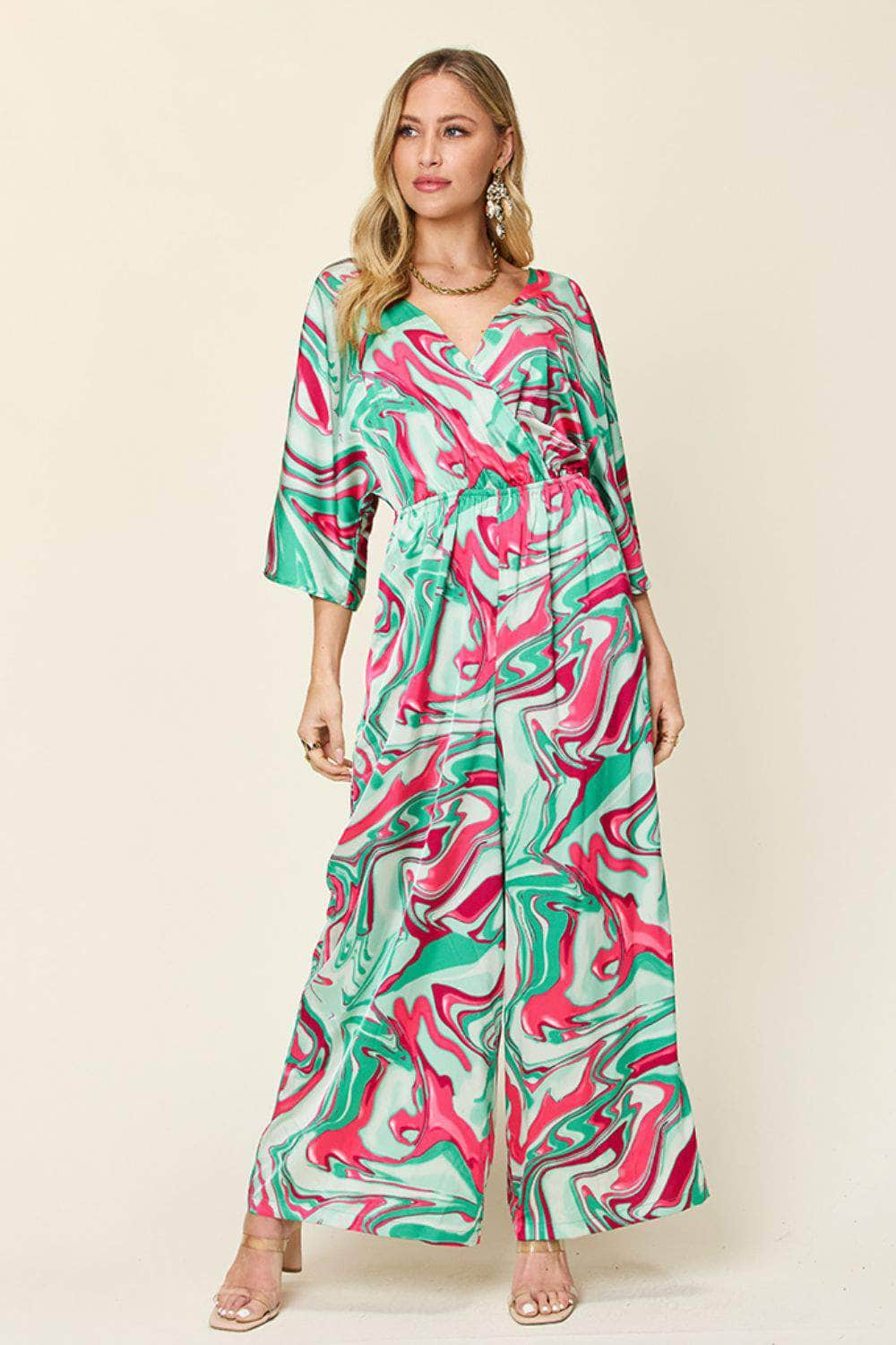 Double Take Full Size Half Sleeve Wide Leg Jumpsuit Green / S