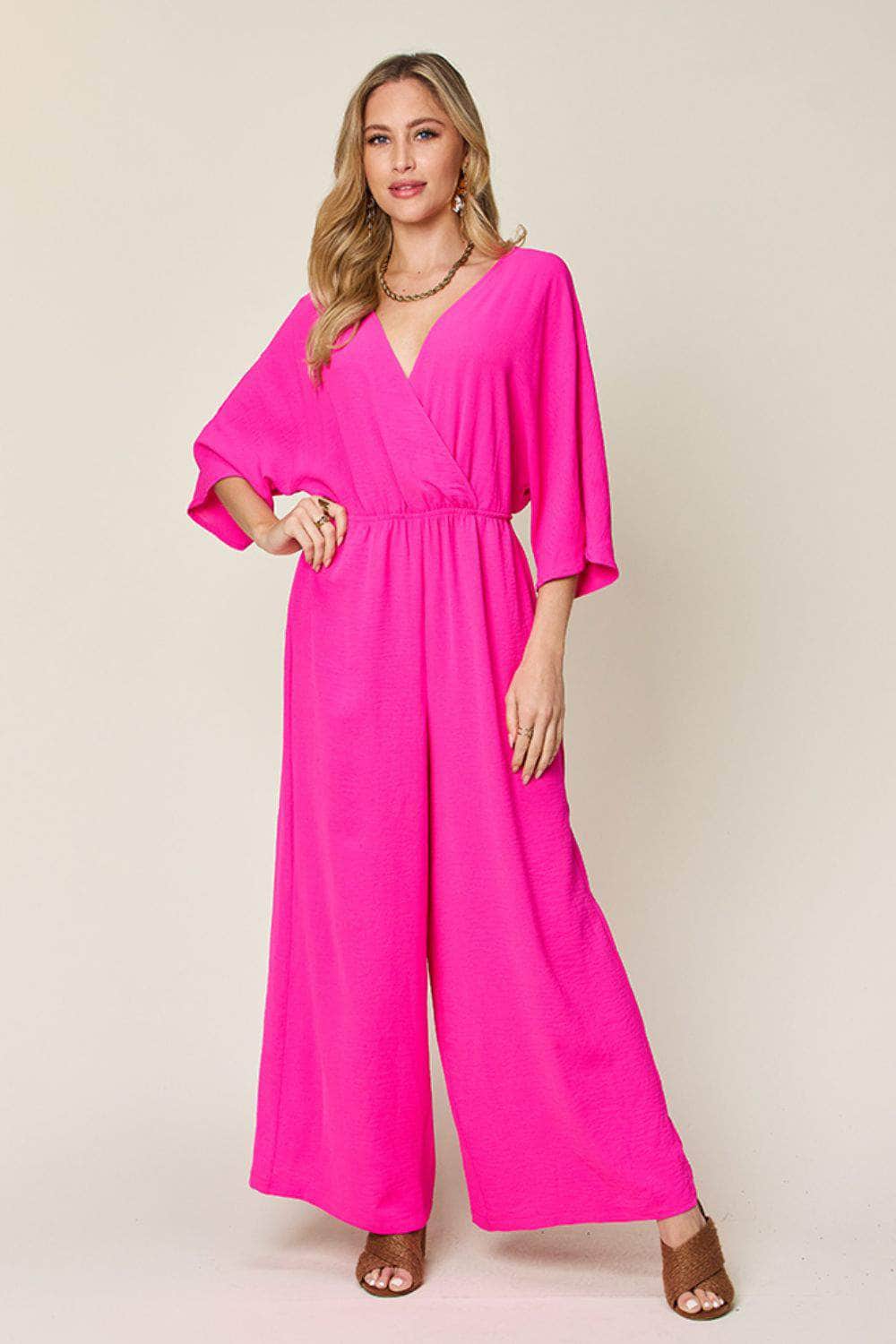 Double Take Full Size Half Sleeve Wide Leg Jumpsuit Hot Pink / S