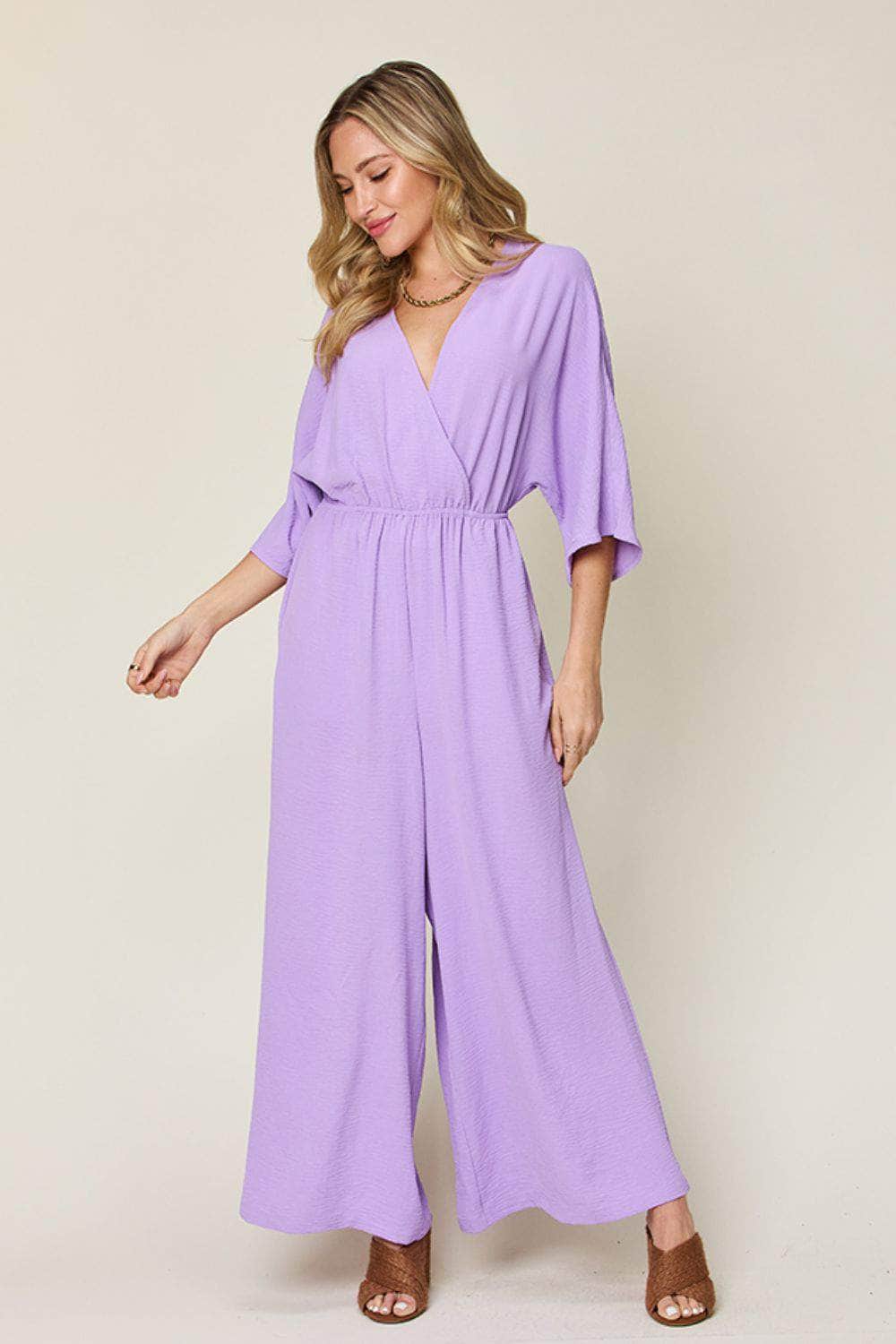 Double Take Full Size Half Sleeve Wide Leg Jumpsuit Lavender / S