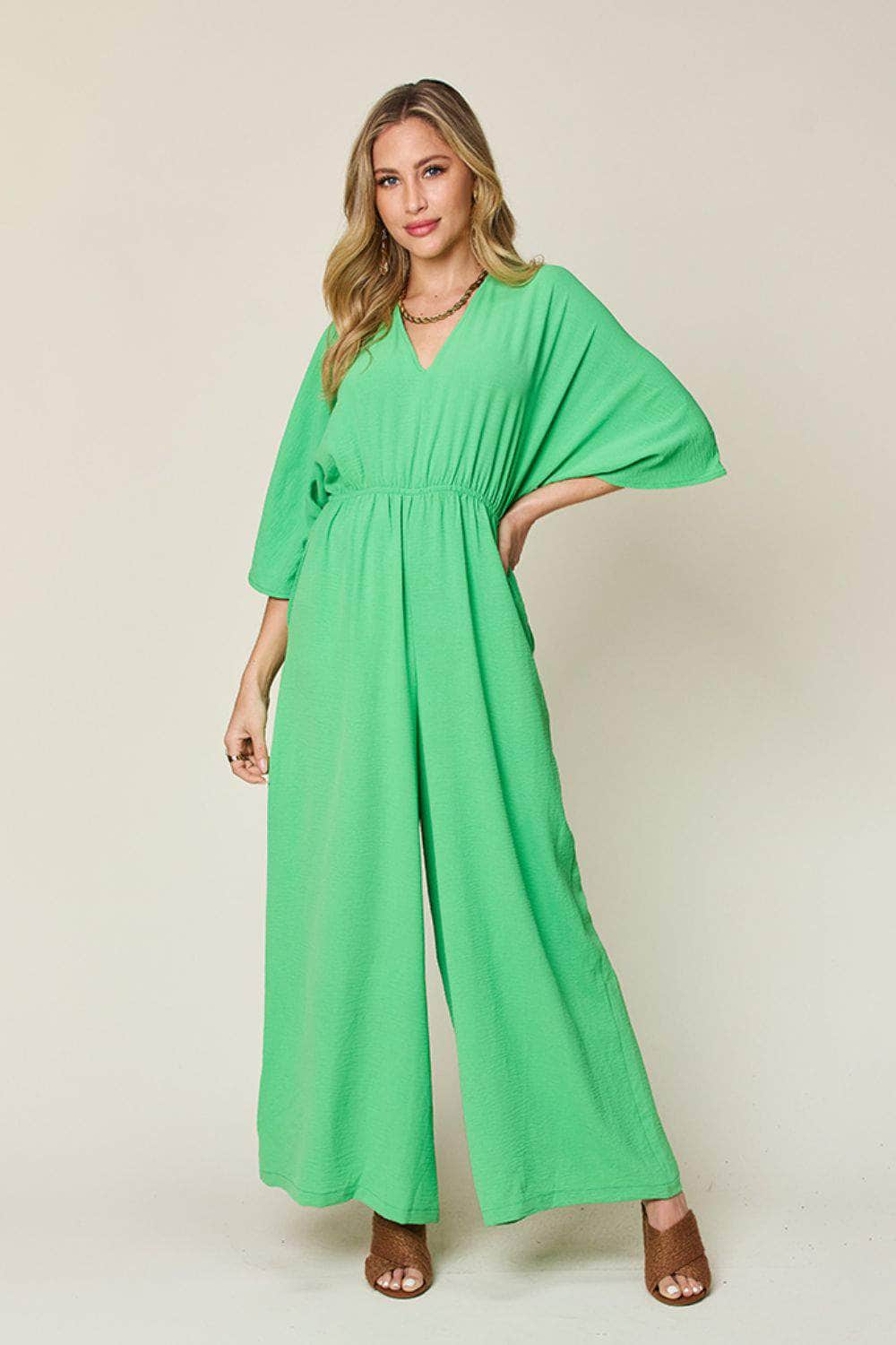 Double Take Full Size Half Sleeve Wide Leg Jumpsuit Mid Green / S