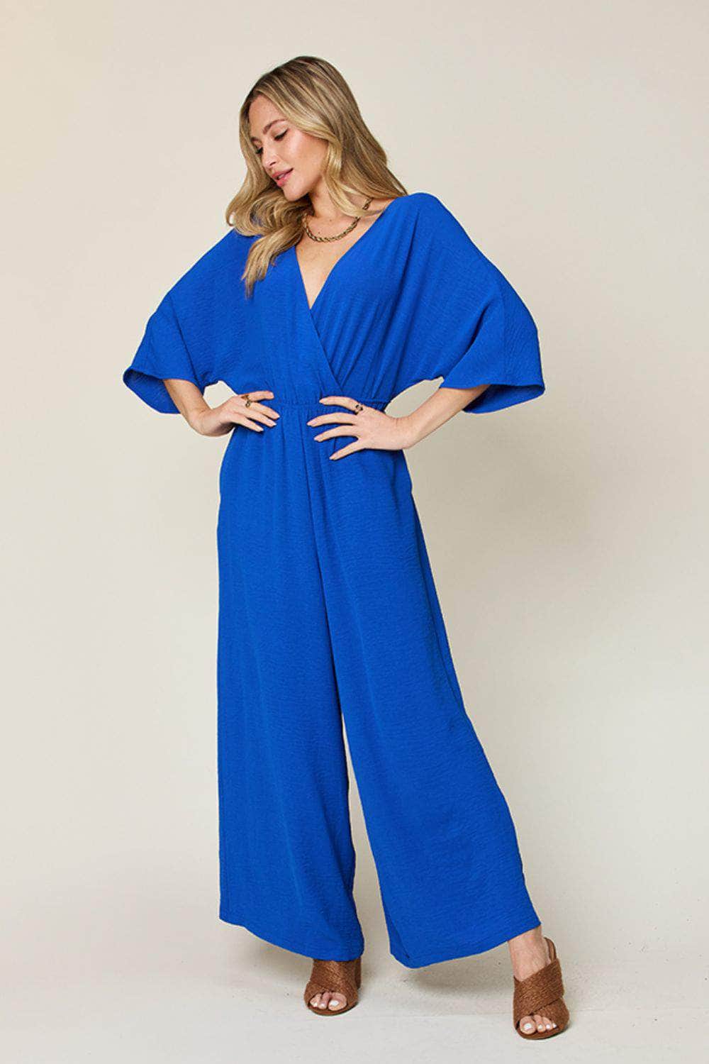 Double Take Full Size Half Sleeve Wide Leg Jumpsuit Royal  Blue / S