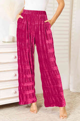 Double Take Full Size High Waist Tiered Shirring Velvet Wide Leg Pants Deep Rose / S