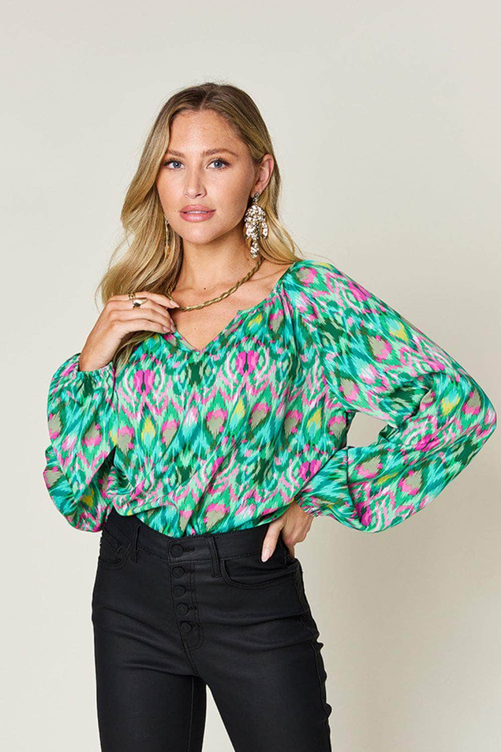 Double Take Full Size Printed Balloon Sleeve Blouse Mid Green / S