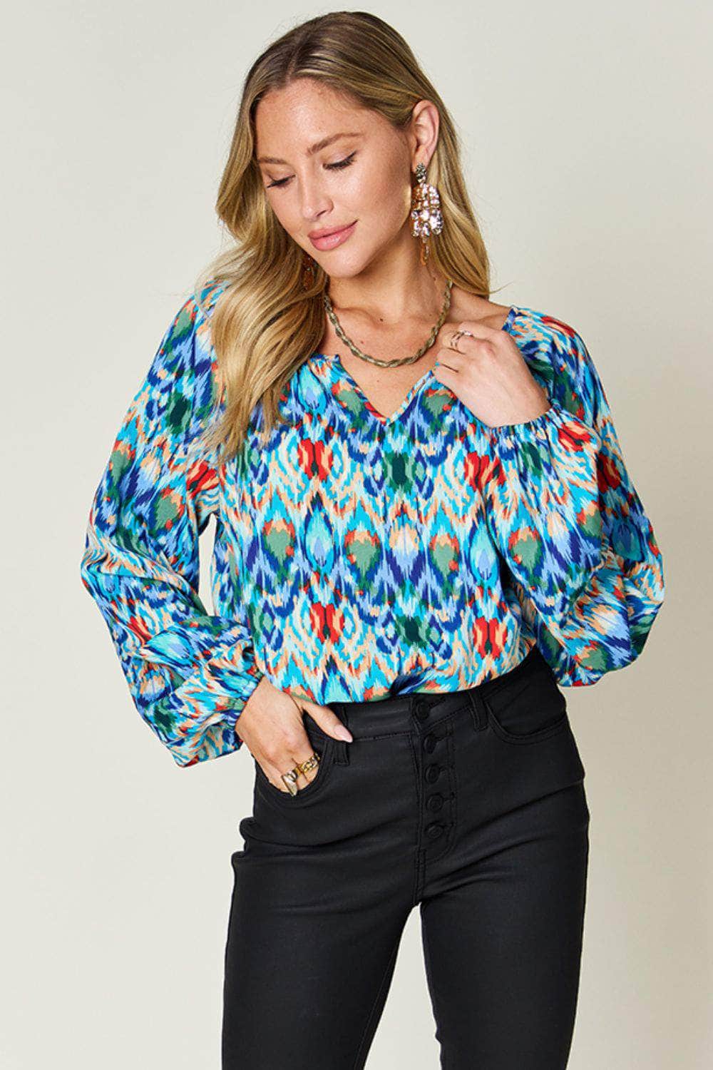 Double Take Full Size Printed Balloon Sleeve Blouse Sky Blue / S