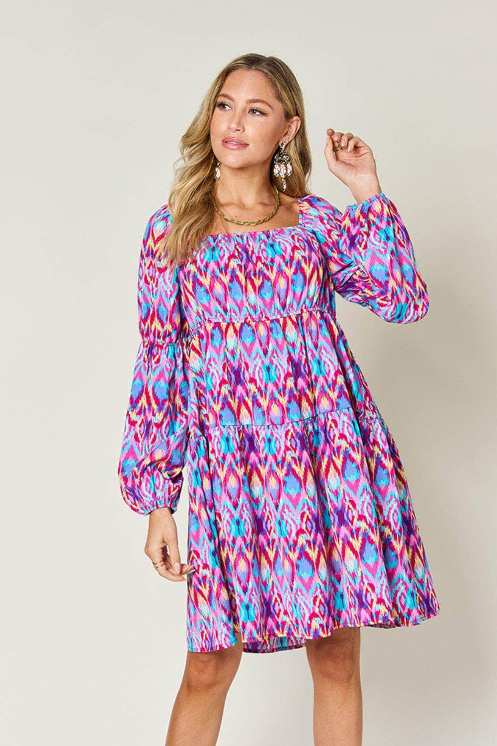 Double Take Full Size Printed Long Sleeve Dress Hot Pink / S