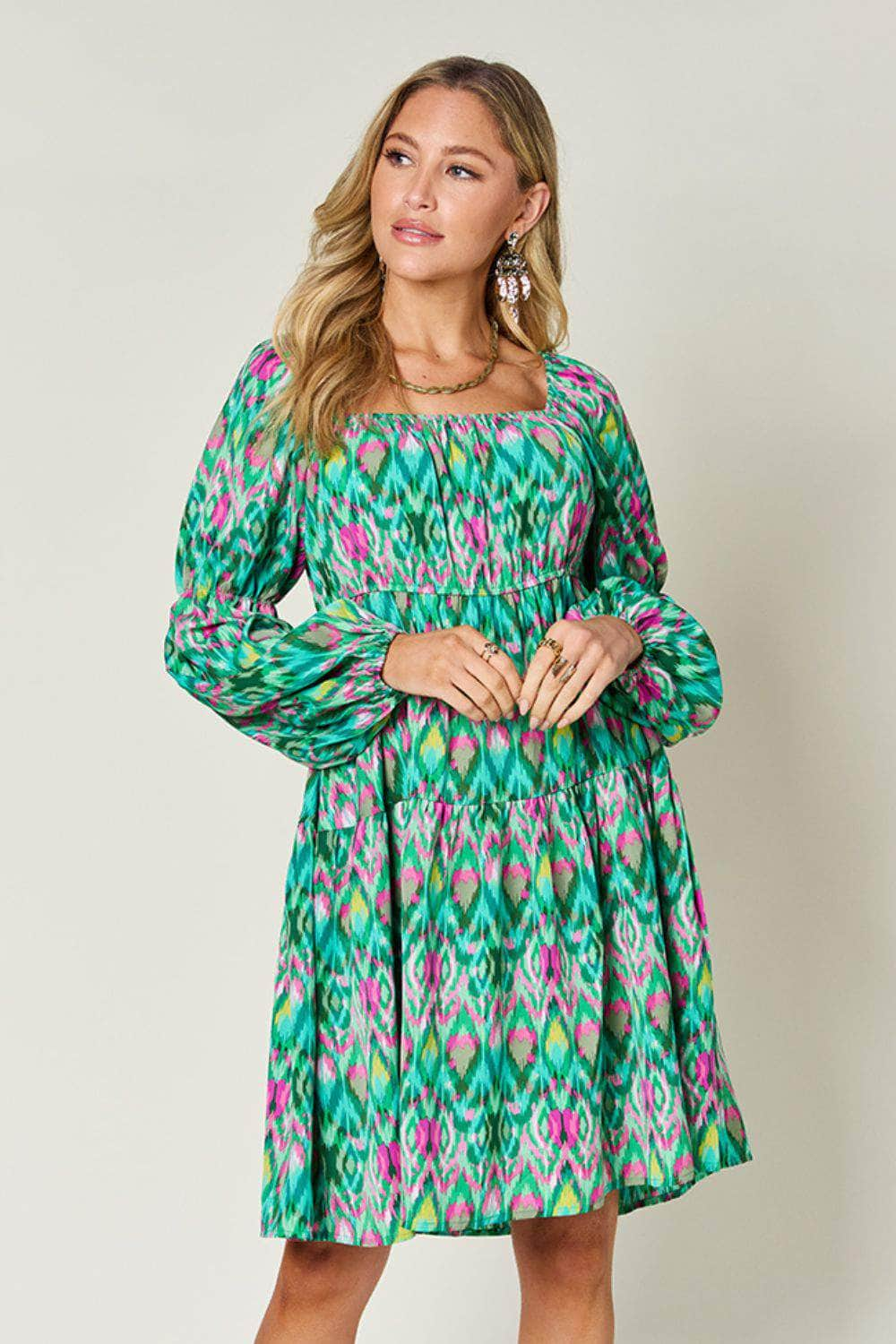 Double Take Full Size Printed Long Sleeve Dress Mid Green / S