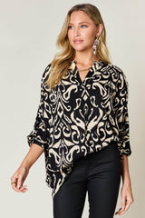 Double Take Full Size Printed Notched Half Sleeve Blouse Black / S