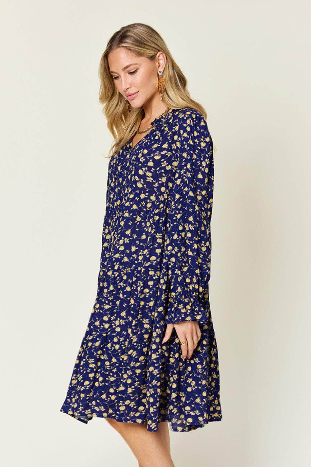 Double Take Full Size Printed Ruffle Hem Long Sleeve Dress