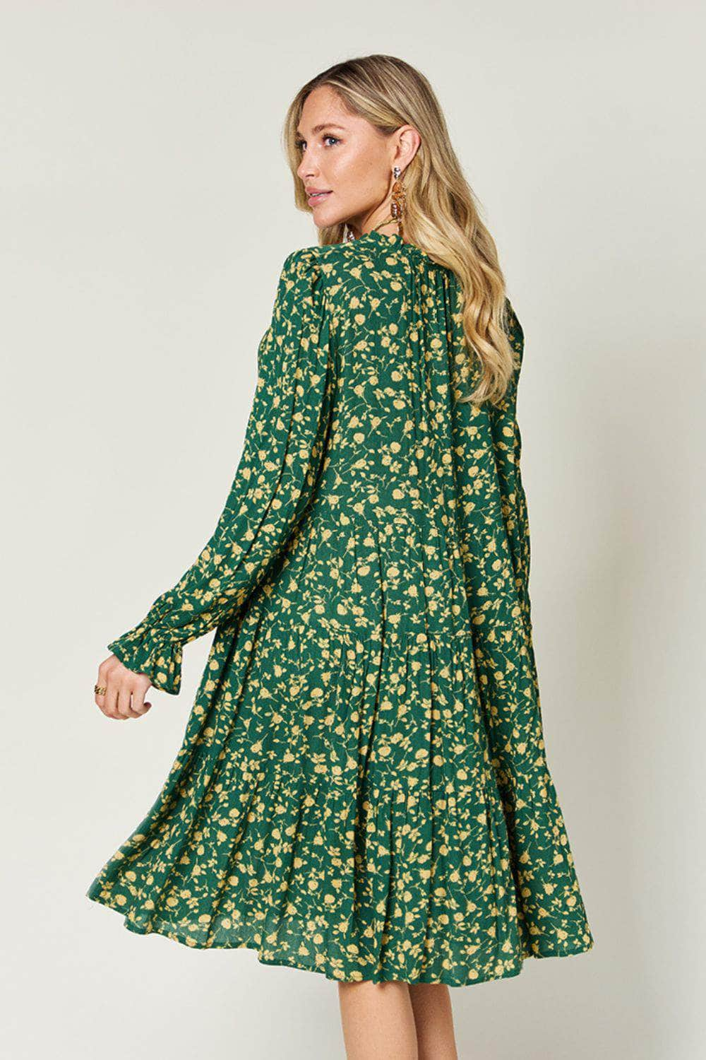 Double Take Full Size Printed Ruffle Hem Long Sleeve Dress