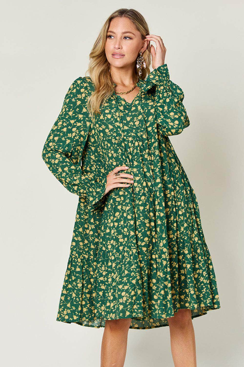 Double Take Full Size Printed Ruffle Hem Long Sleeve Dress Green / S