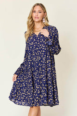 Double Take Full Size Printed Ruffle Hem Long Sleeve Dress Navy / S